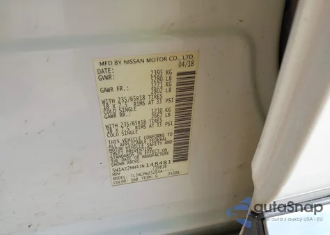 2018 Nissan Murano S z USA, uszkodzony, nr VIN 5N1AZ2MH4JN148481